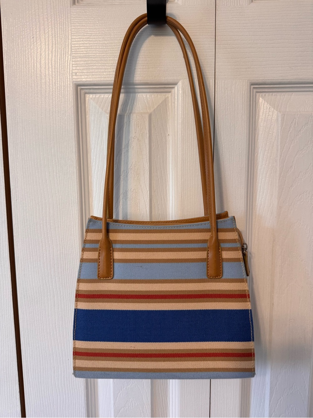 Striped Small Canvas Shoulder Bag Blue Tan Rust Minor Wear Faux Leather Strap - Picture 4 of 16